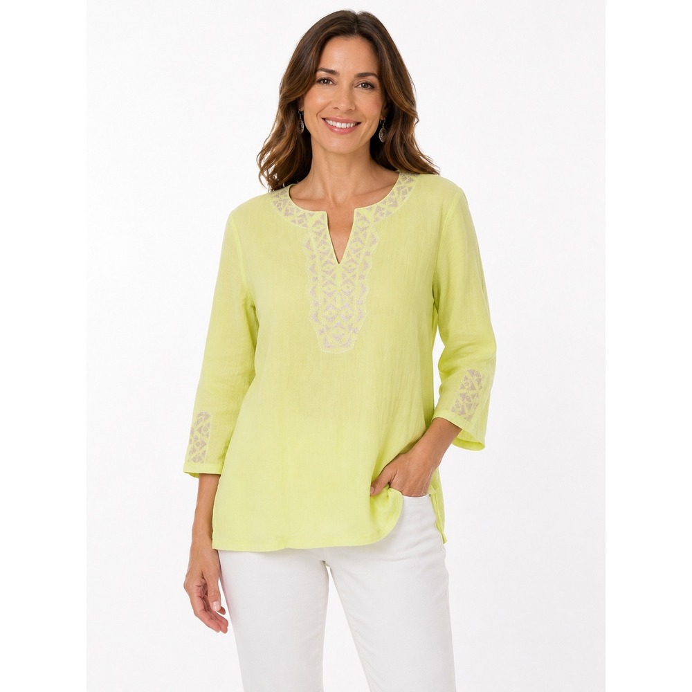 Chico's Tunic Top Large Yellow Embroidered Coastal Peasant Resort Crinkle Cotton